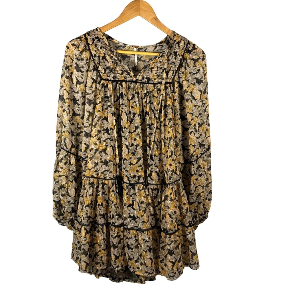 Free People Metallic Floral Tiered Mini Dress‎ Black Yellow Gold Boho XS